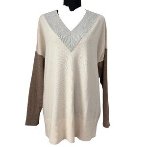 LANDS END 100% Cashmere V Neck Colorblock Sweater Ivory Tan Gray Medium